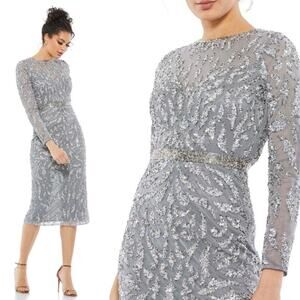 MAC DUGGAL 5521 Embellished Illusion Long Sleeve Sheath Dress Platinum 4 NEW